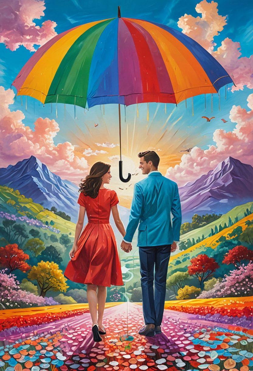 A couple joyfully holding hands while standing under an umbrella shaped like a heart, surrounded by floating paper currency and safety nets, symbolizing financial and emotional security. Bright colors radiate a feeling of warmth and safety, with a dreamy background illustrating a stable future. Painting style. vibrant colors.