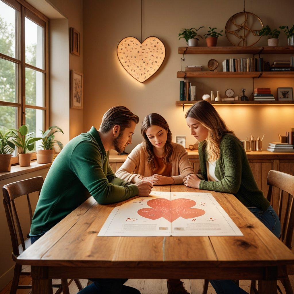 A cozy scene depicting a couple sitting together at a table, reviewing a love insurance policy with a large heart diagram showing coverage options, surrounded by symbols of partnership like intertwined rings, and a soft glow of warm light. The background features a comforting home environment with plants and books. warm colors. super-realistic.