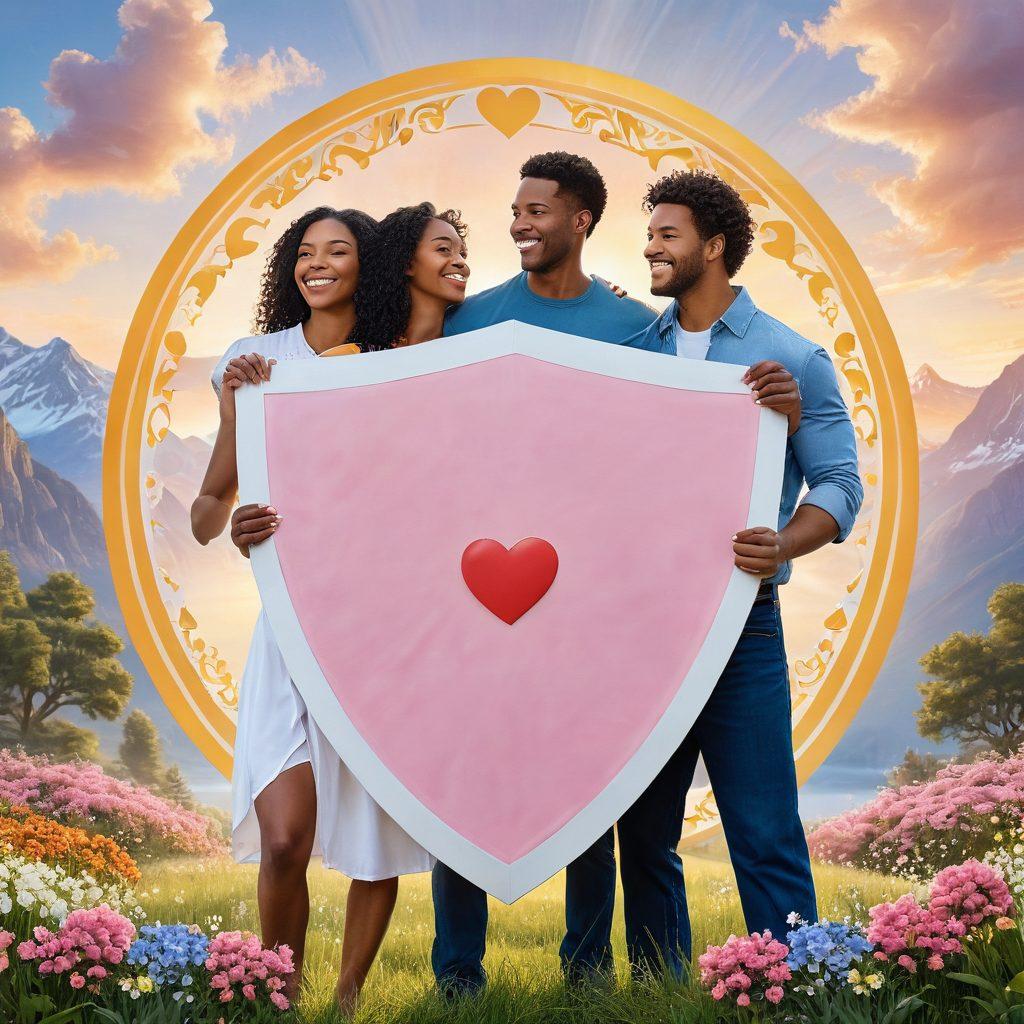 A couple joyfully holding a large shield that symbolizes love insurance, decorated with heart motifs and financial symbols like dollar signs. In the background, a serene landscape with blooming flowers and a bright sun, representing harmony and protection. The shield glows subtly, highlighting trust and security in relationships. Add soft pastel colors for warmth. super-realistic. vibrant colors.